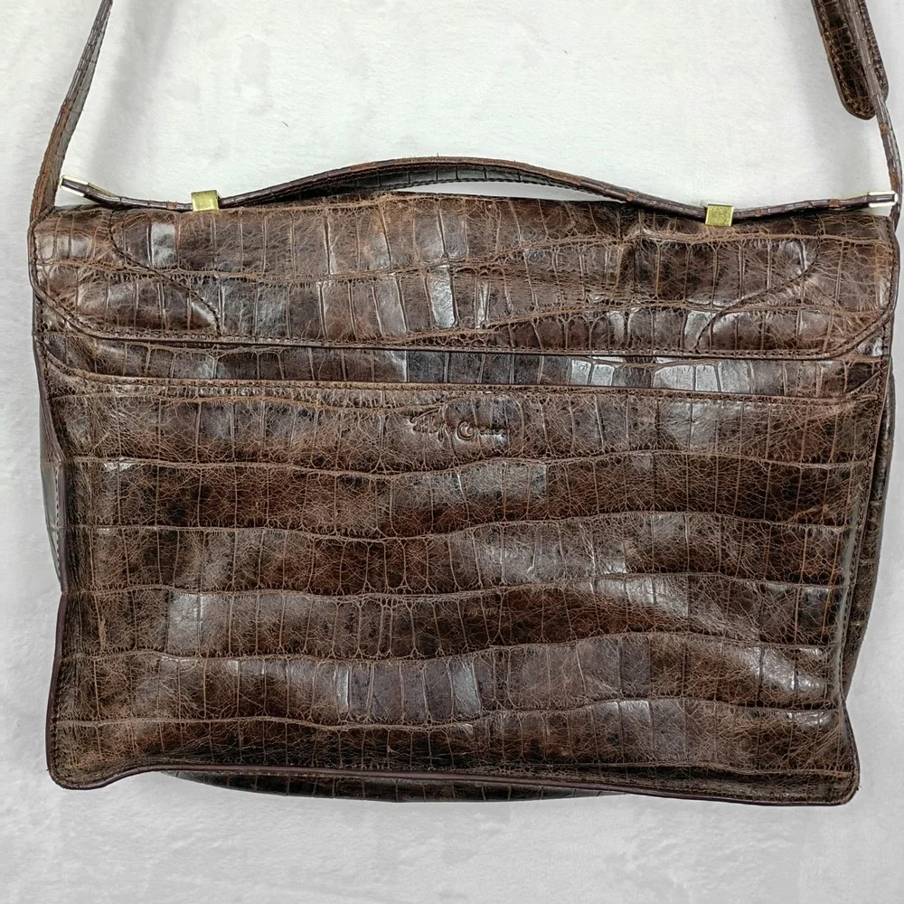 Foley‎ + Corinna Brown Croc Embossed Leather Satchel Shoulder Bag Brass Hardware